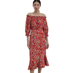 Saloni Grace Dress Sandstone Rouge off the shoulder red printed dress size 4